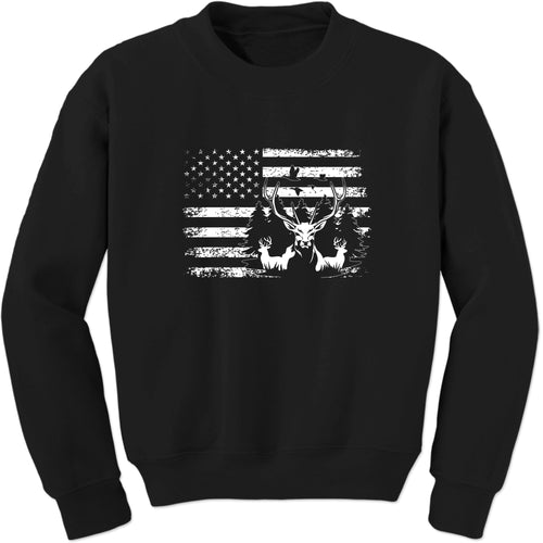 Unisex Patriotic Deer Hunting American Flag Fisherman Crewneck Sweatshirt