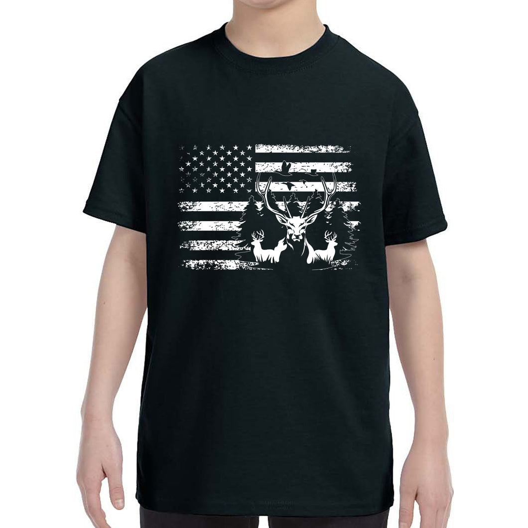 Kid's Patriotic Deer American Flag Fisherman T-Shirt