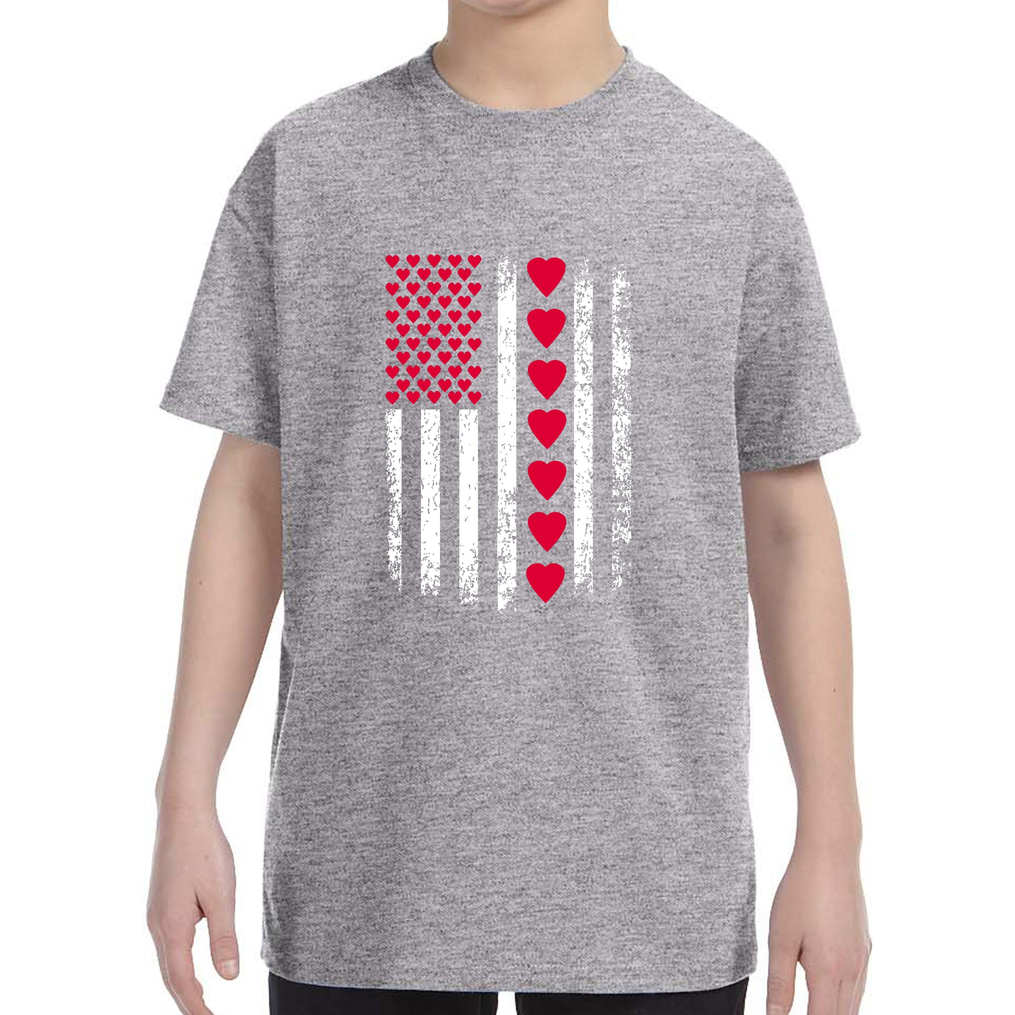 Kid's Valentines Day American Flag Patriotic Hearts Boys Girls T-Shirt