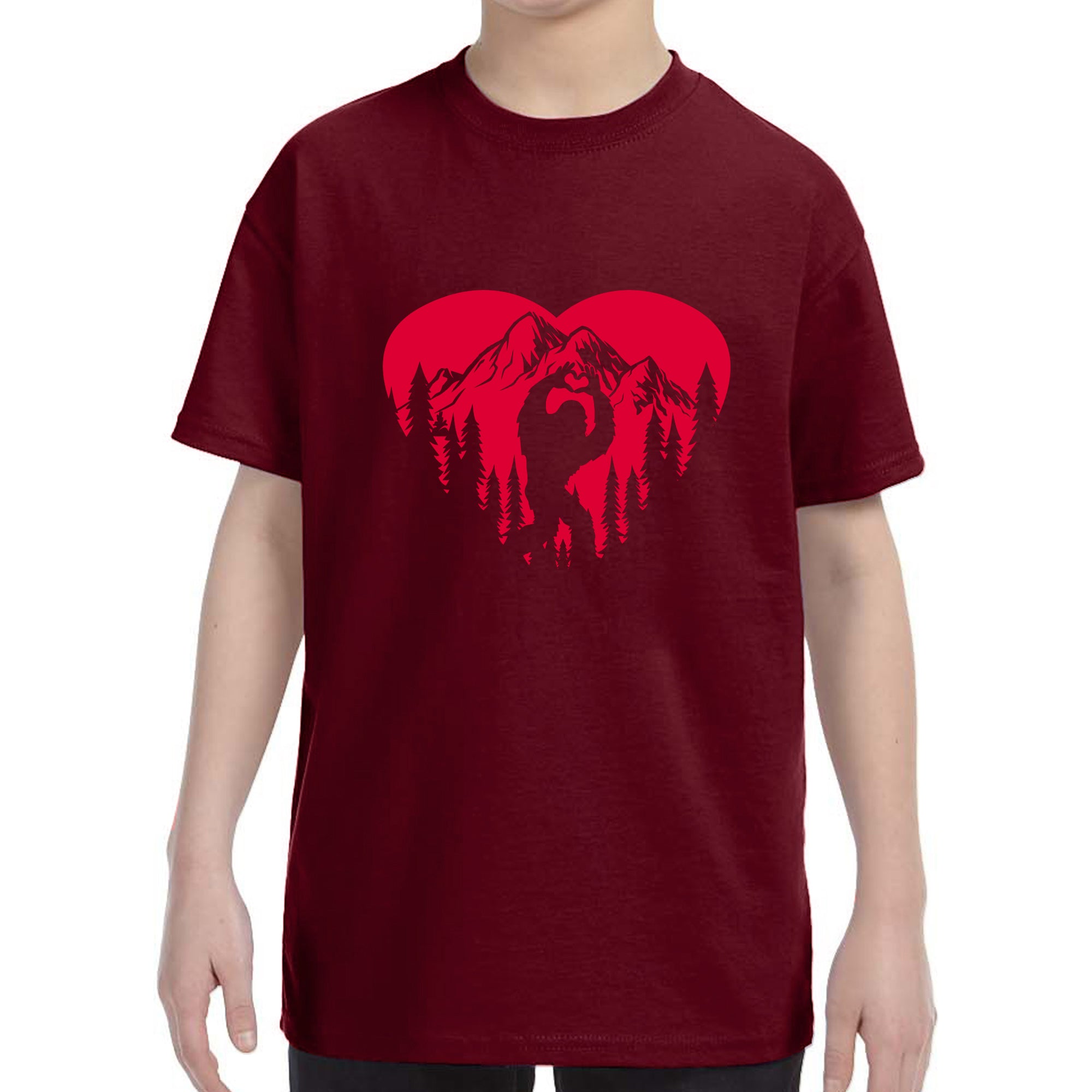 Kid's Valentines Day Bigfoot Heart Sasquach Love Boys Girls T-Shirt