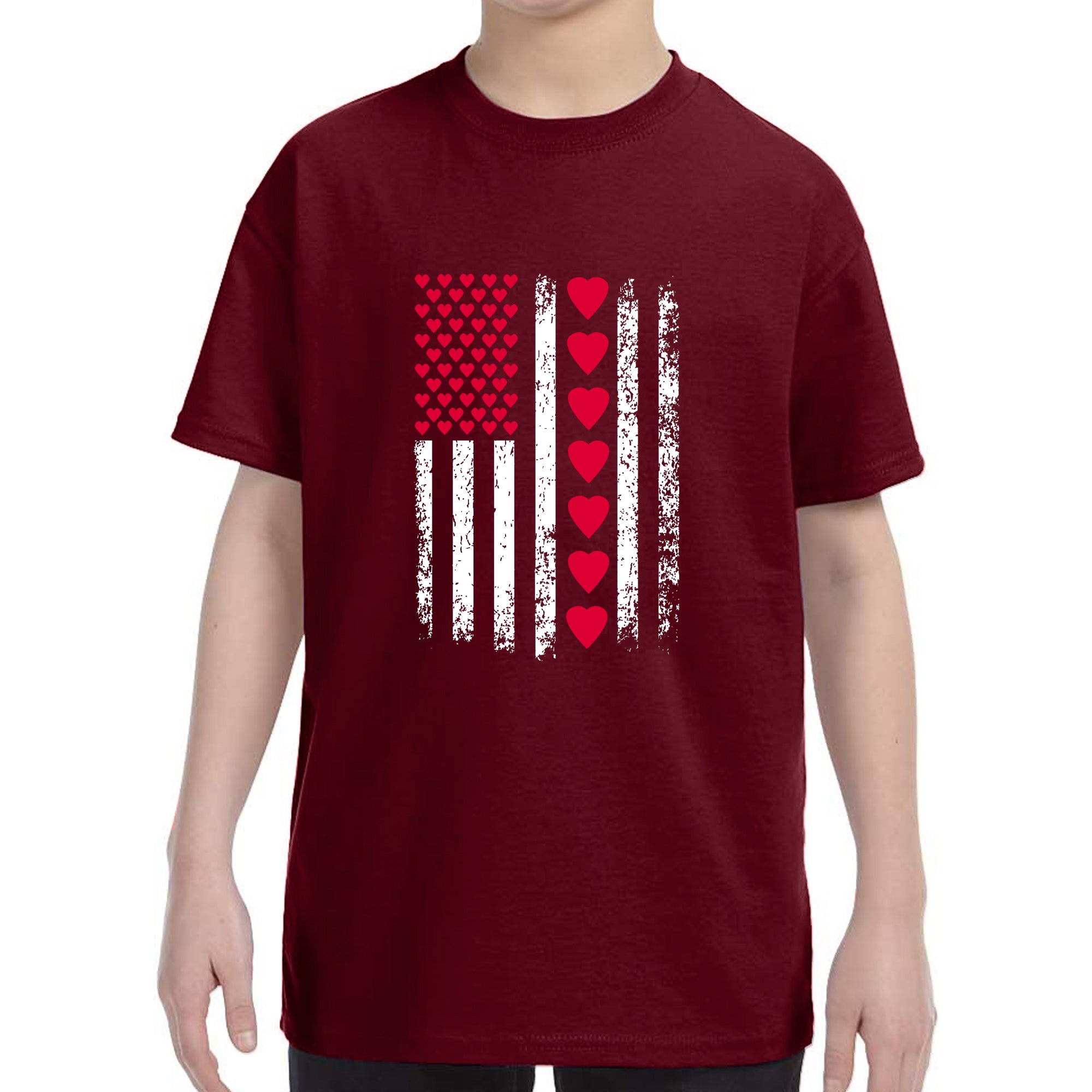 Kid's Valentines Day American Flag Patriotic Hearts Boys Girls T-Shirt
