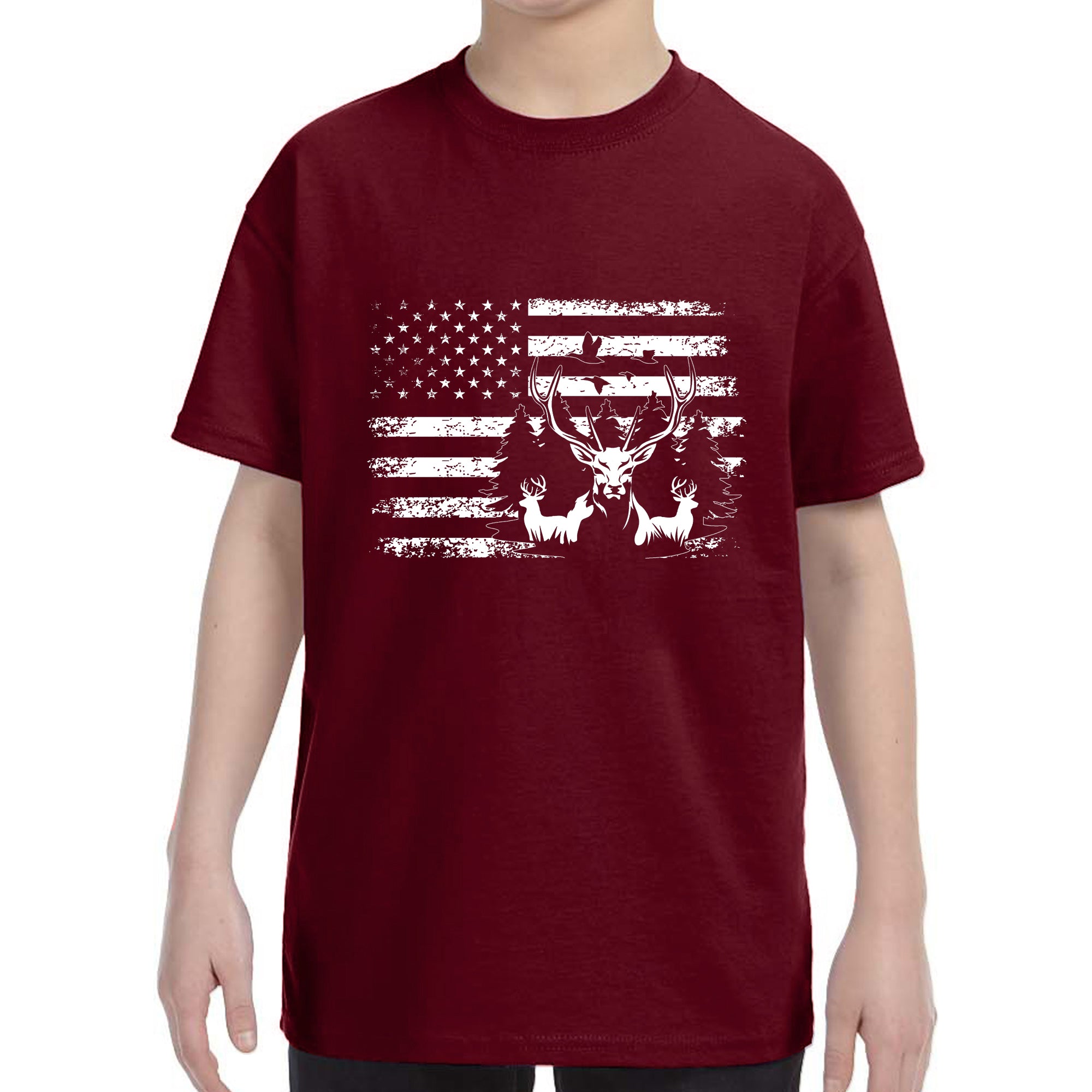 Kid's Patriotic Deer American Flag Fisherman T-Shirt