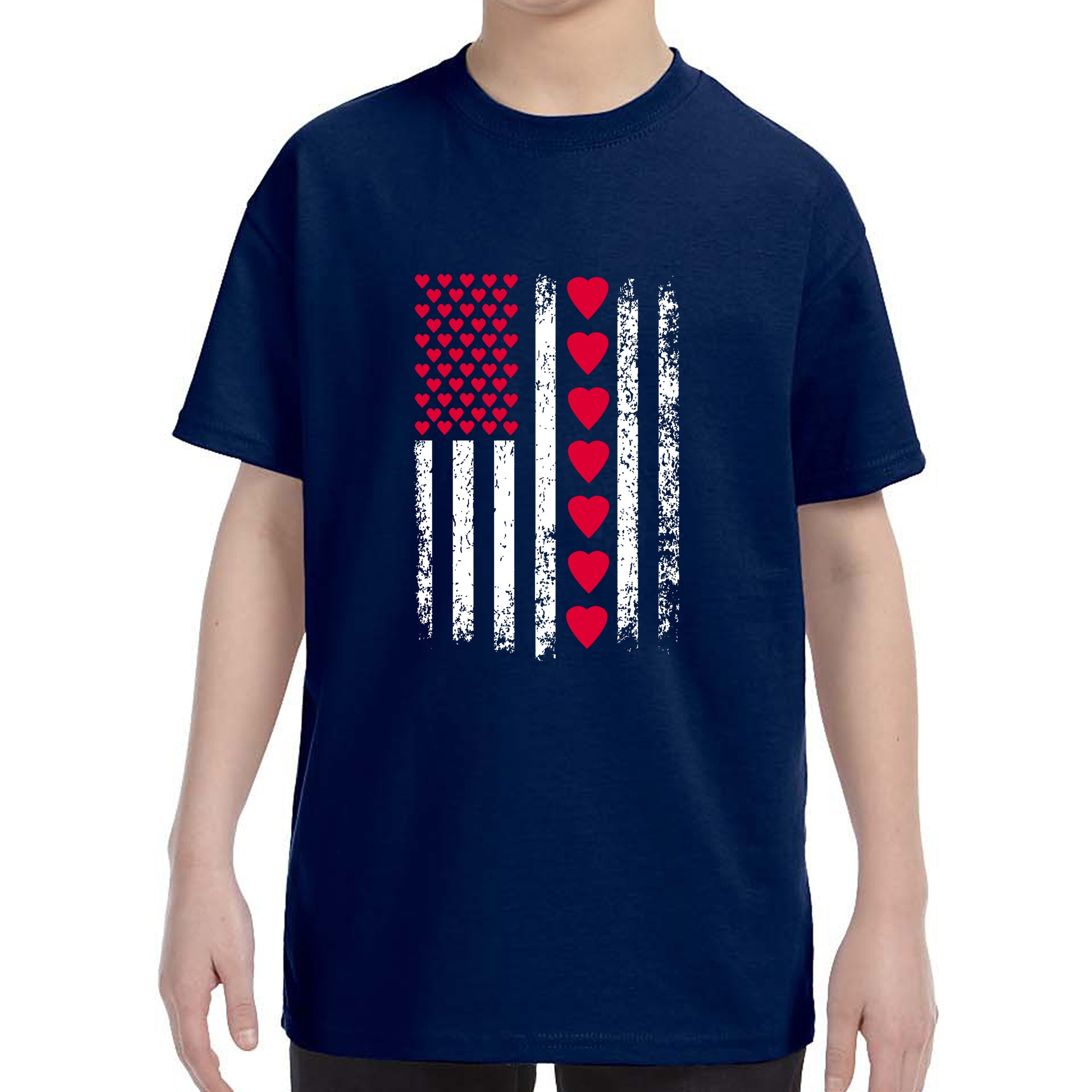 Kid's Valentines Day American Flag Patriotic Hearts Boys Girls T-Shirt
