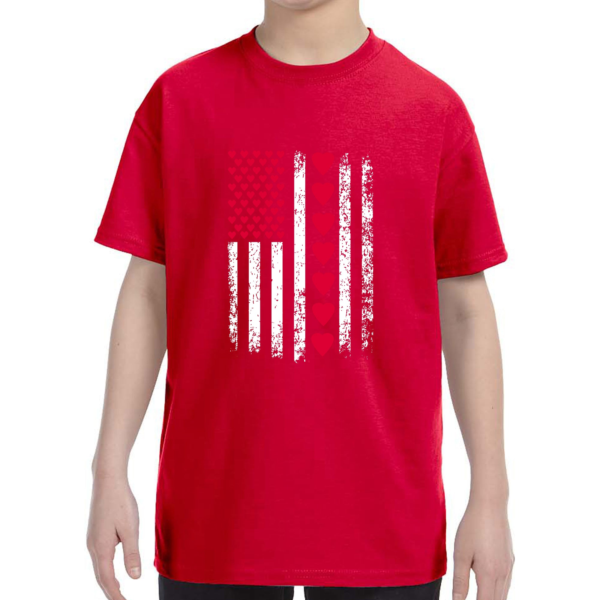 Kid's Valentines Day American Flag Patriotic Hearts Boys Girls T-Shirt