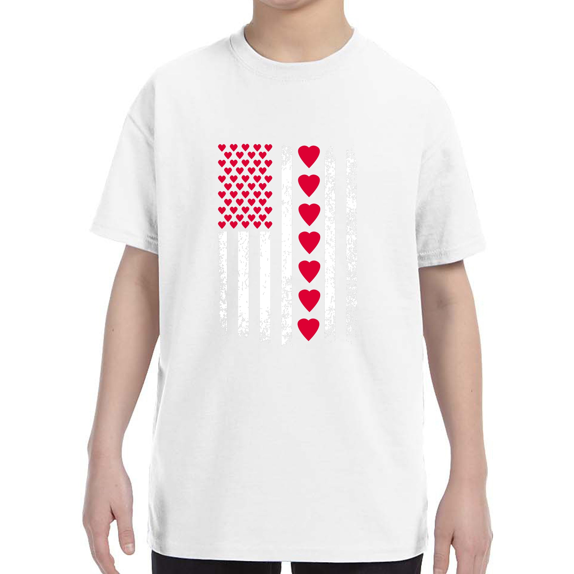 Kid's Valentines Day American Flag Patriotic Hearts Boys Girls T-Shirt