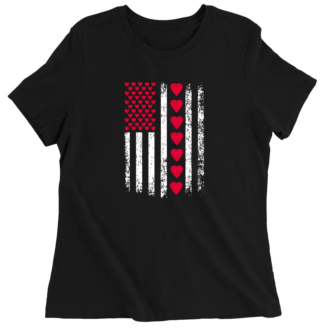 Women's Valentines Day American Flag Patriotic Hearts T-Shirt