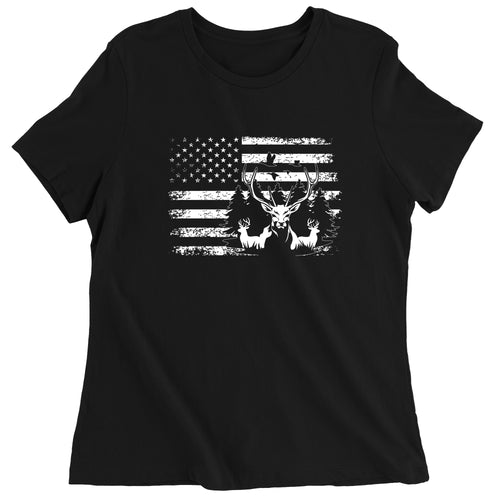 Women's Patriotic Deer Hunting American Flag Fisherman T-Shirt