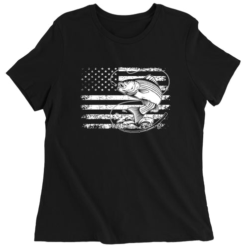 Women's Patriotic Bass Fishing American Flag Fisherman T-Shirt